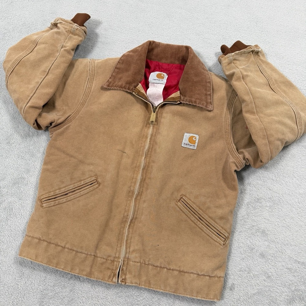 Vintage Carhartt Detroit Jacket Youth Boys 5Y Tan Quilted Red Lined Canvas 90s - Picture 1 of 11